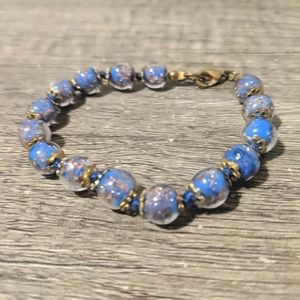 Womens Faceted Beaded Bracelet Metallic Navy Blue Gold Tone Punk Jewelry 7 Inch